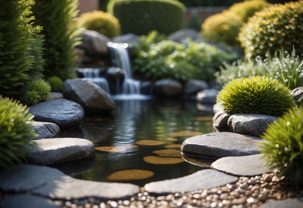 A tranquil garden with a flowing water feature surrounded by slate chippings, creating a serene and natural atmosphere