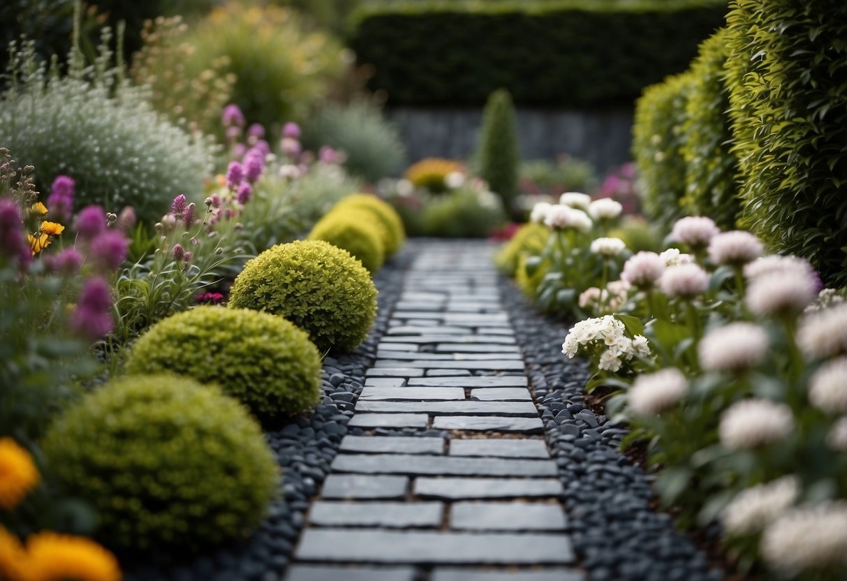 A garden border made of slate chippings, neatly arranged around flower beds and pathways. The slate creates a clean and modern look, adding a touch of elegance to the garden design