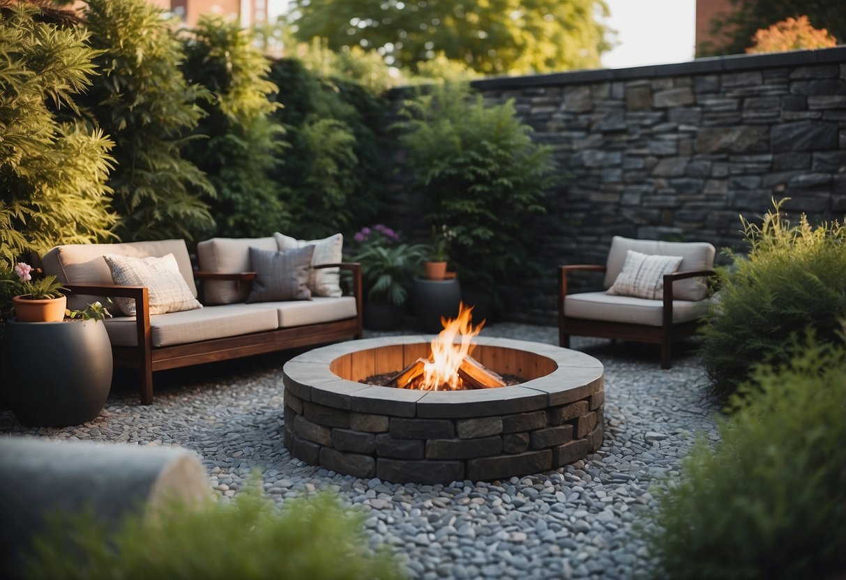 A fire pit surrounded by slate chippings, with seating and greenery for a cozy outdoor space