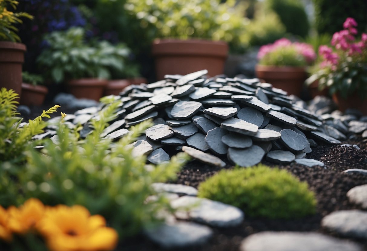 Slate chippings cover the ground in a container garden, surrounding vibrant green plants and colorful flowers