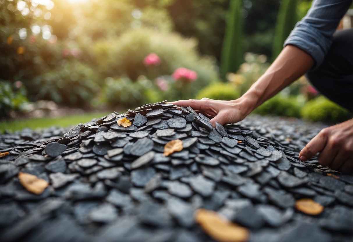 A person spreads slate chippings around a garden, carefully arranging them to create a decorative and functional landscape feature