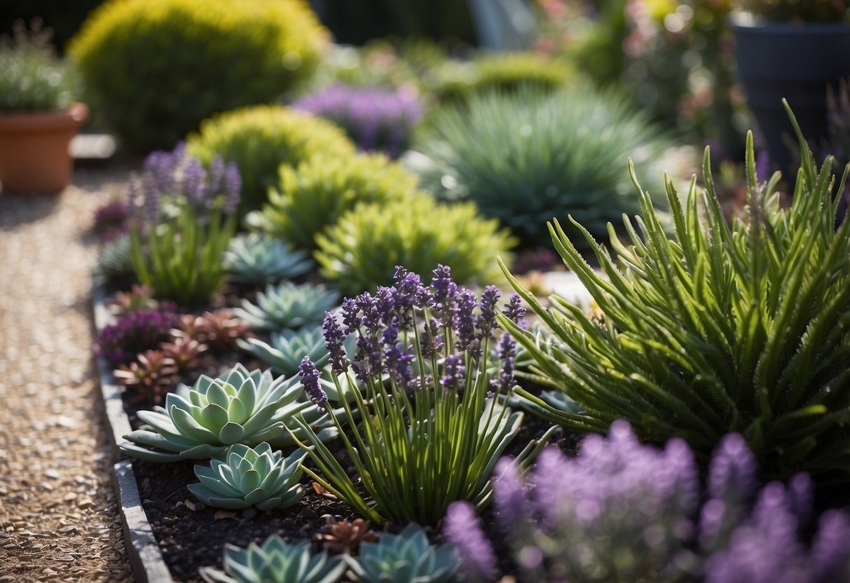 A garden with slate chippings, featuring complementary plant choices like lavender, rosemary, and succulents in various shades of green and purple