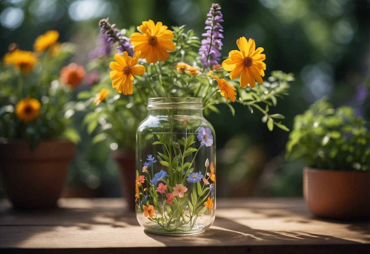 A glass jar vase painted with colorful flowers sits in a lush garden, surrounded by greenery and blooming plants