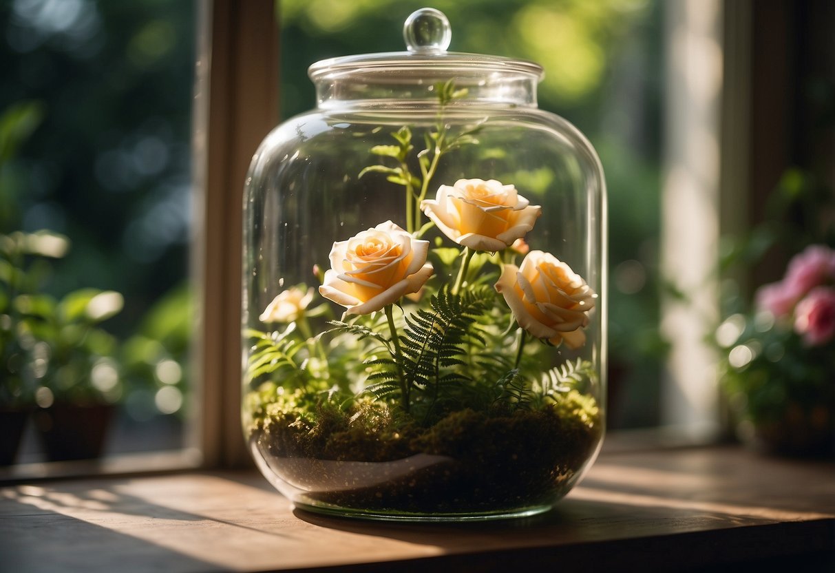 Lush roses bloom in a glass jar, nestled among vibrant greenery and delicate ferns. Sunlight filters through the leaves, casting a warm, inviting glow over the miniature garden