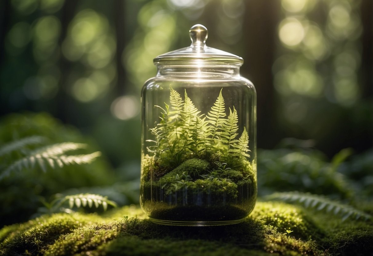 Lush green moss and delicate ferns fill a glass jar, creating a miniature ecosystem. Sunlight filters through the leaves, casting dappled shadows on the mossy ground