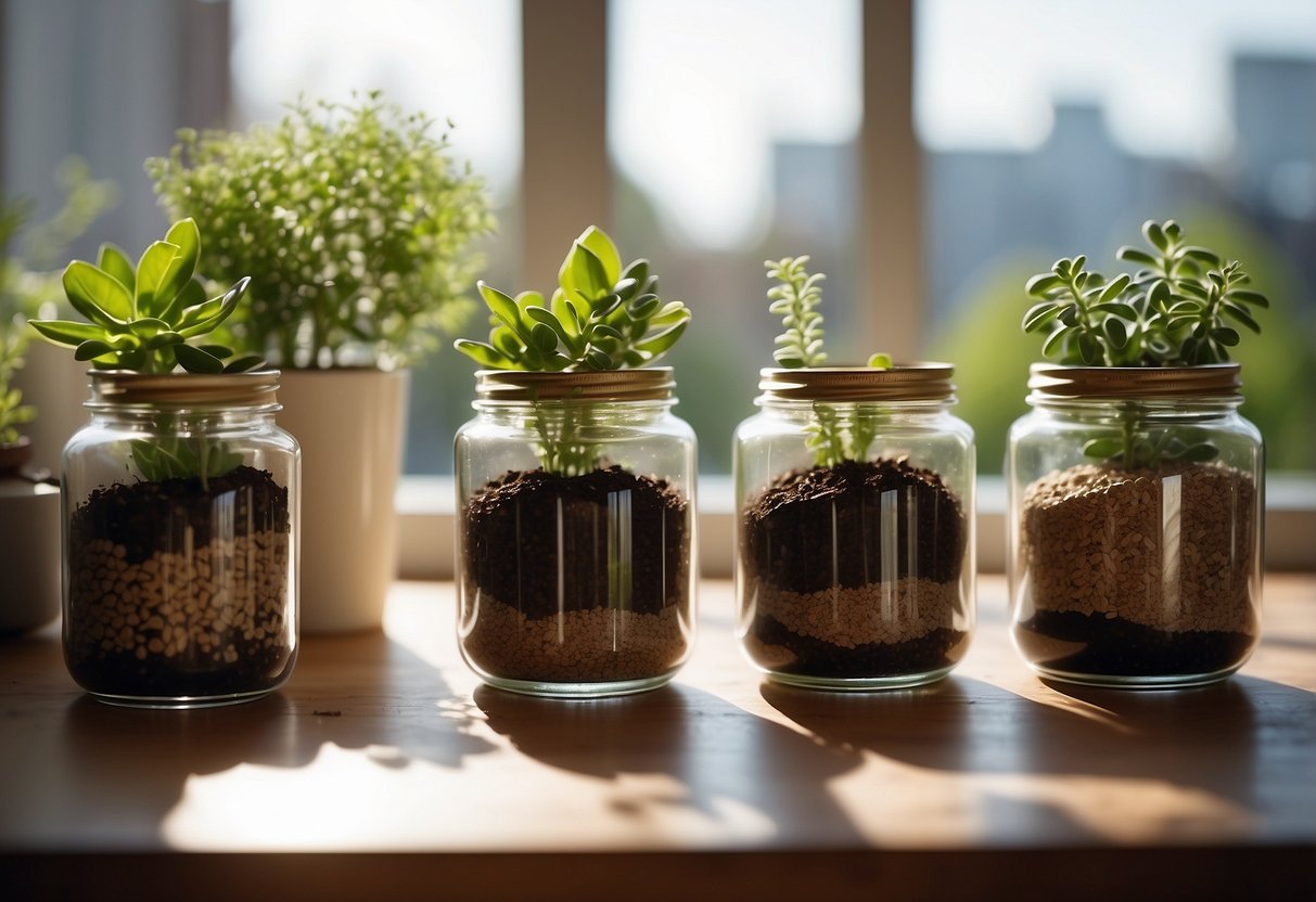 Glass jars filled with soil, small plants, and decorative rocks arranged on a sunny windowsill