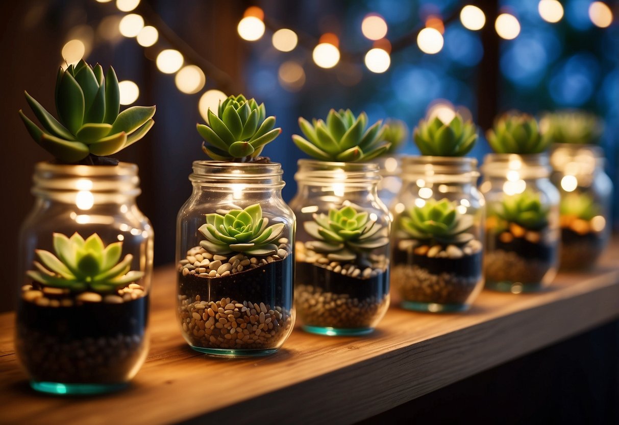 Glass jars filled with colorful succulents and small pebbles arranged on a wooden shelf, with fairy lights twinkling in the background