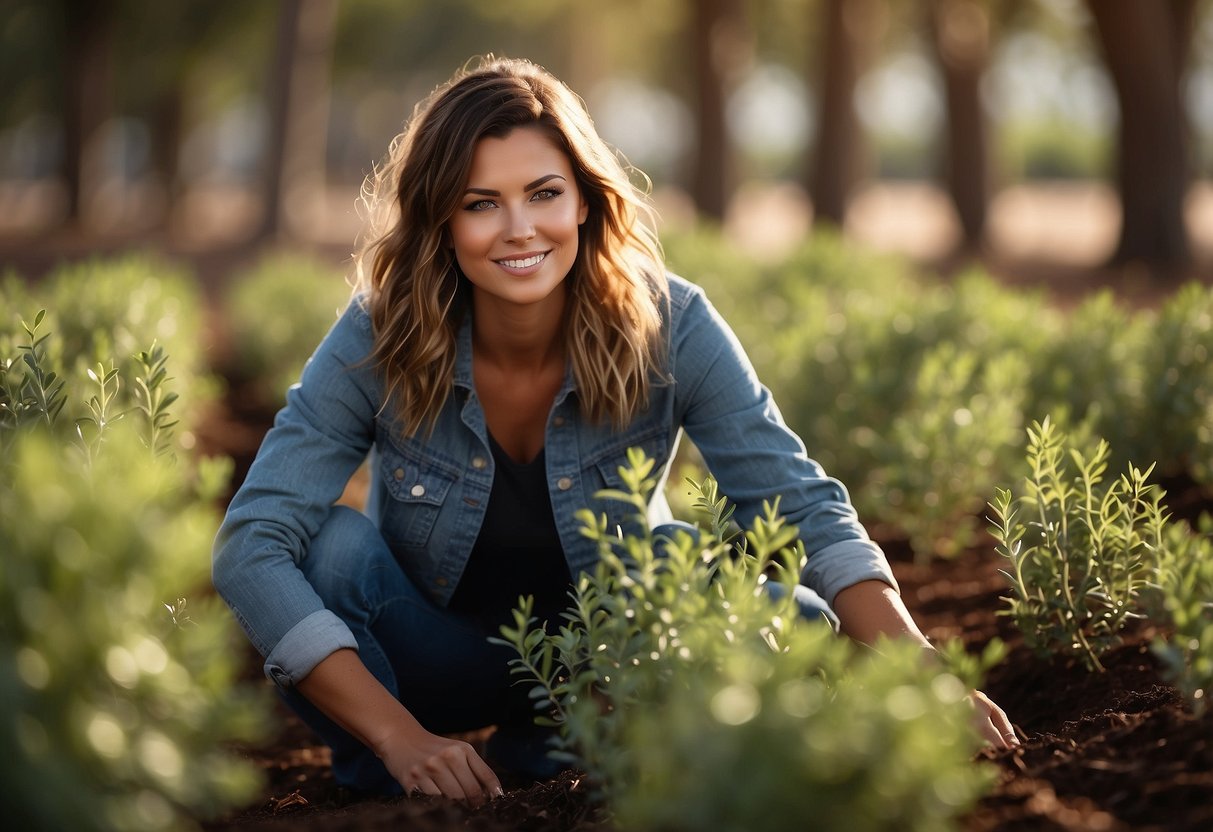 A person plants young eucalyptus trees in rows, surrounded by mulch and small shrubs, with sunlight filtering through the leaves