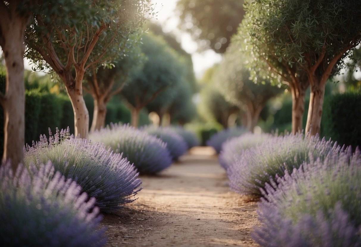 A pathway lined with aromatic eucalyptus and lavender, creating a serene and fragrant garden setting