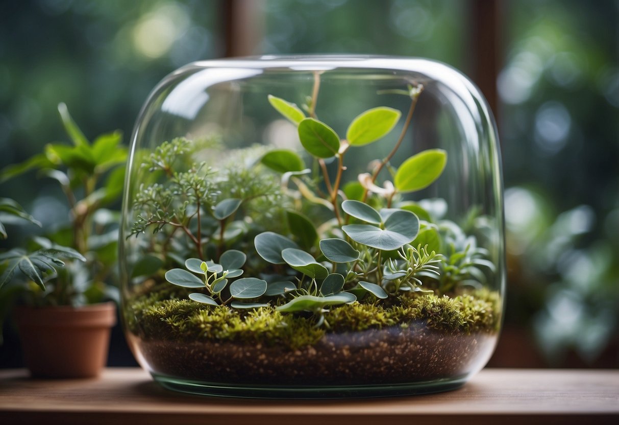 A glass terrarium filled with various types of eucalyptus plants, arranged in a lush and natural garden-like setting