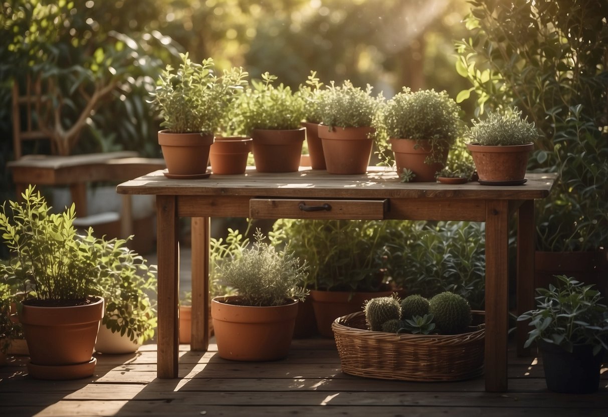 A rustic potting table surrounded by lush eucalyptus plants and gardening tools. Sunlight filters through the leaves, creating a serene and natural atmosphere