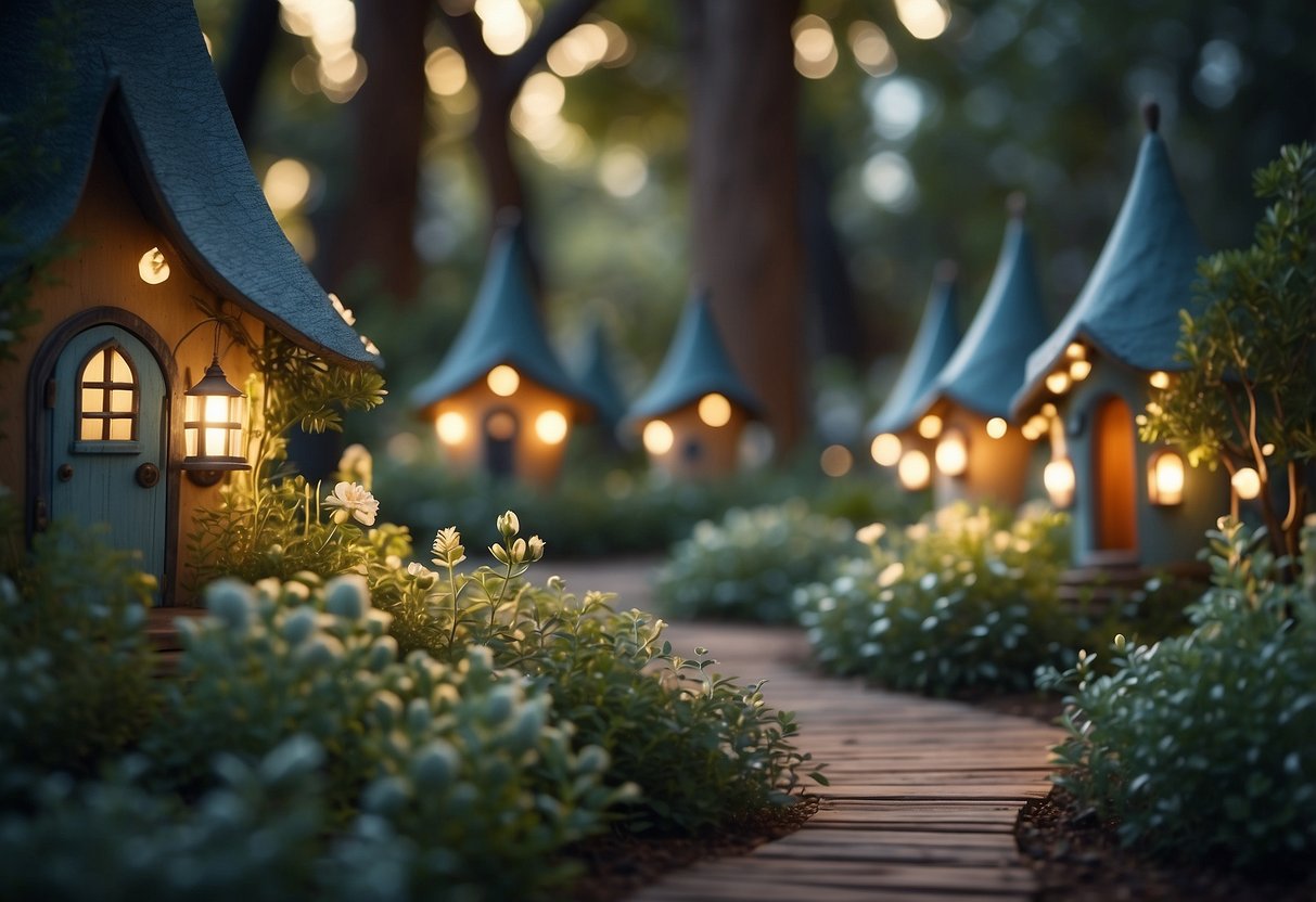 A lush eucalyptus garden with winding paths, delicate fairy houses nestled among the leaves, and twinkling lights creating a magical atmosphere