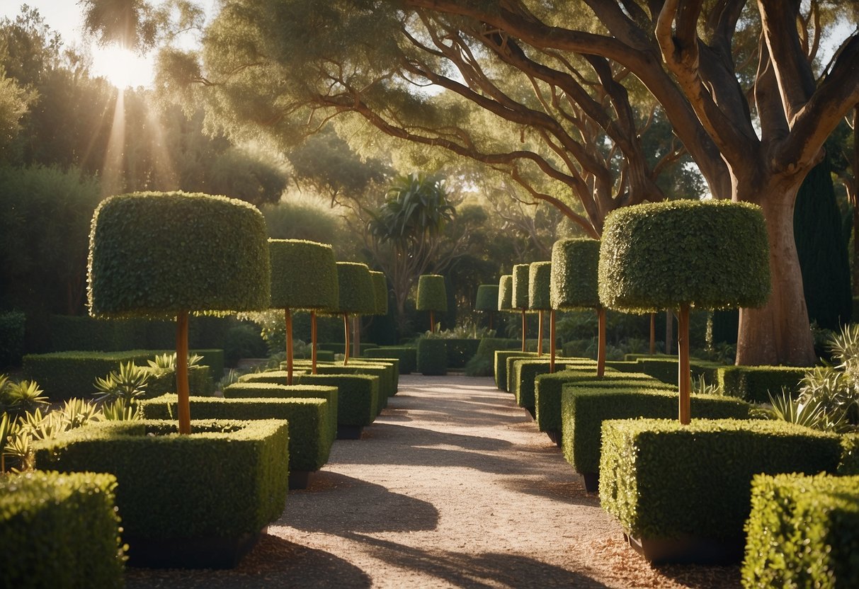 A serene garden with carefully pruned eucalyptus topiaries arranged in geometric patterns, surrounded by lush greenery and dappled sunlight