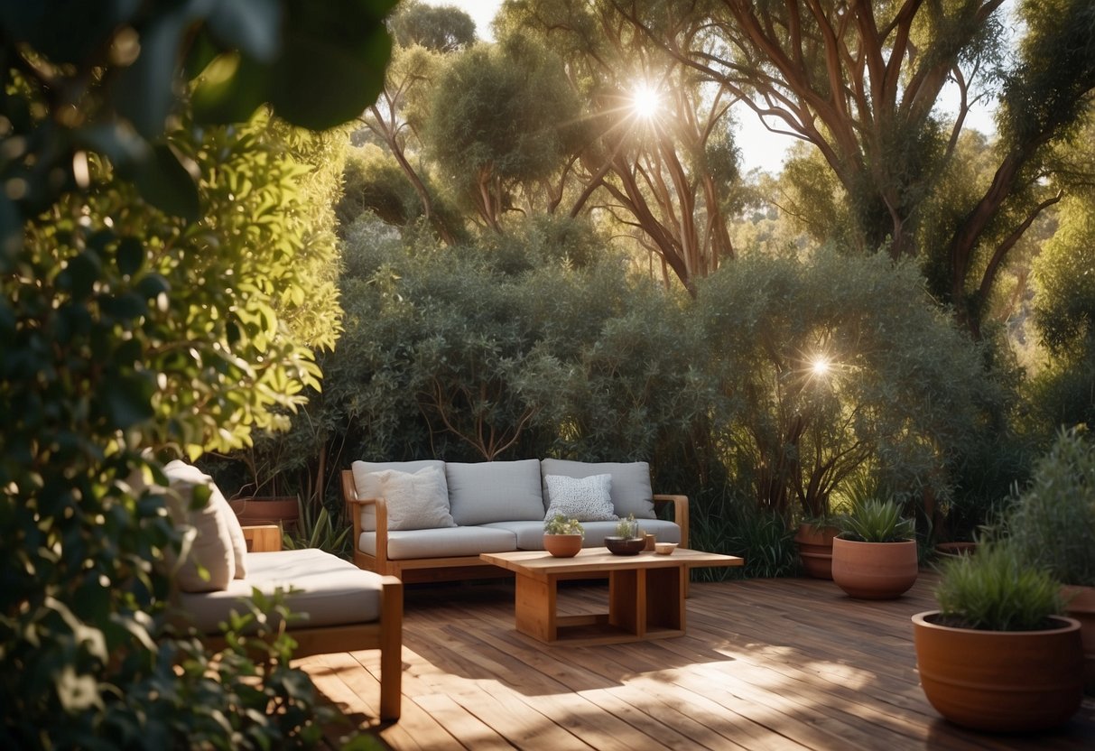 A serene eucalyptus garden with dappled sunlight on a cozy sitting area, surrounded by lush greenery and the soothing scent of eucalyptus leaves