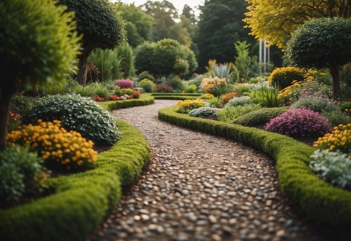 A winding gravel pathway meanders through a lush garden, bordered by vibrant mulch and ornate decorative elements