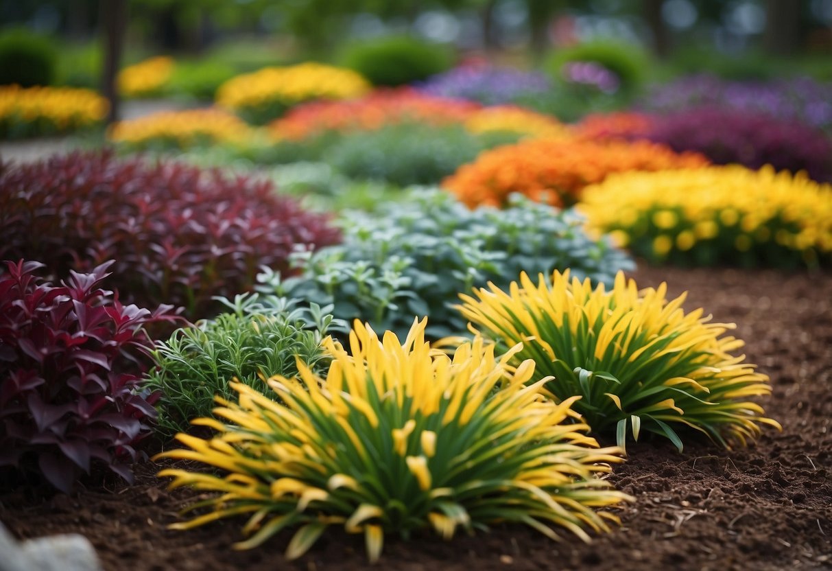 Vibrant bark mulch lines garden beds, adding a pop of color and texture. Various hues create a visually appealing landscape