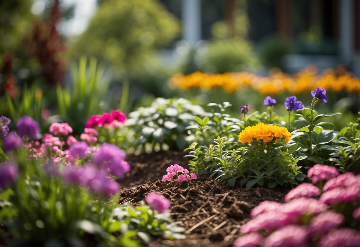 A garden bed with shredded hardwood mulch, surrounded by colorful flowers and green plants