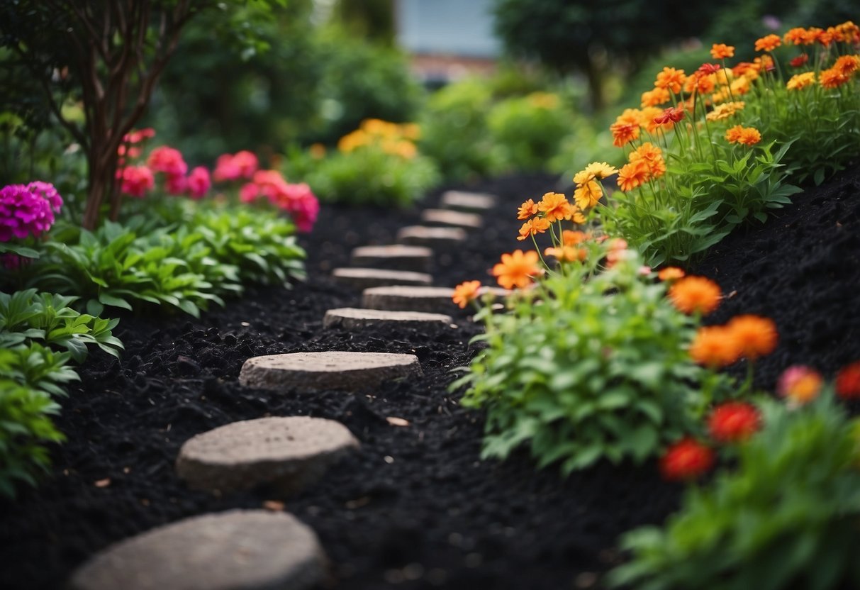 A winding pathway through a garden of black mulch, bordered by vibrant green plants and colorful flowers