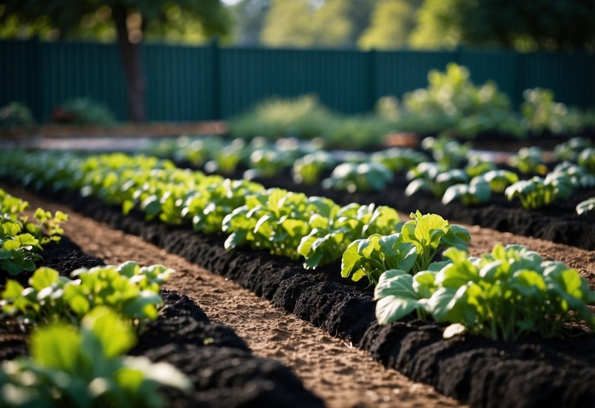 A well-maintained vegetable garden with black mulch, neat rows of plants, and vibrant green foliage