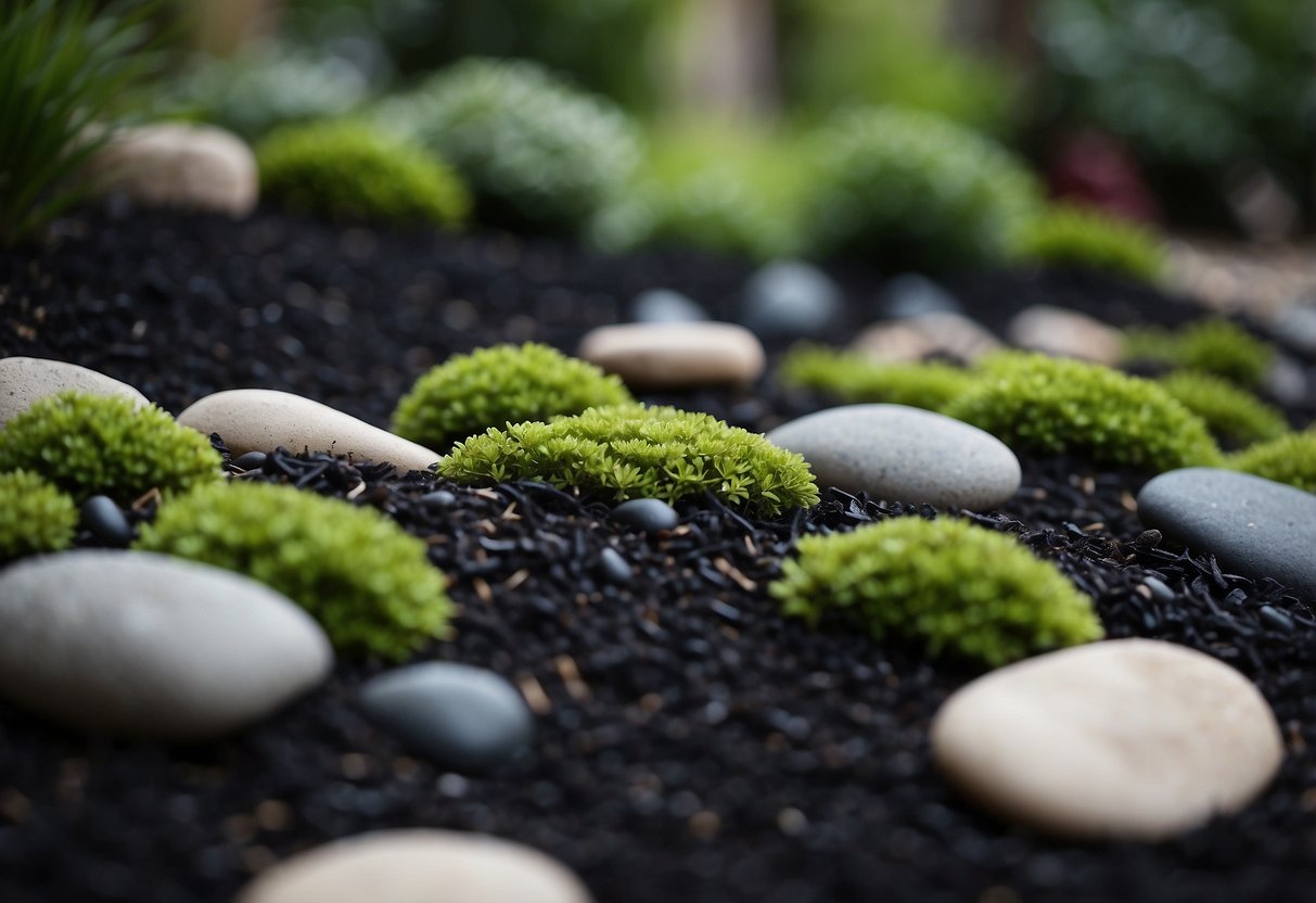 A serene Zen garden with neatly raked black mulch, surrounded by carefully placed rocks and lush greenery