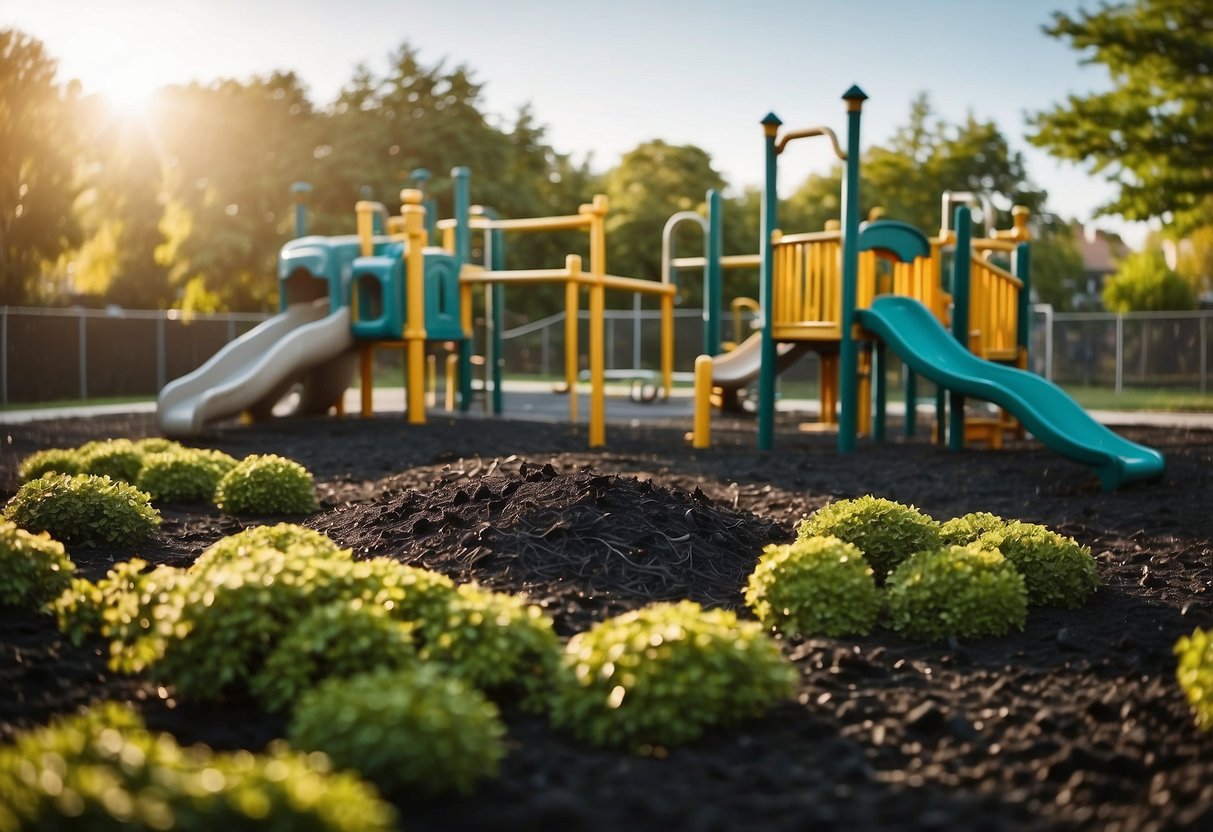 A playground area with black mulch surrounded by garden ideas