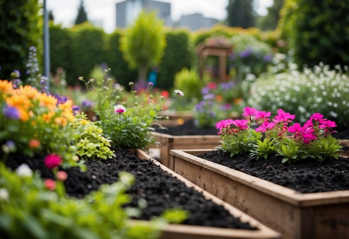 A garden with raised beds filled with black mulch, surrounded by lush green plants and colorful flowers