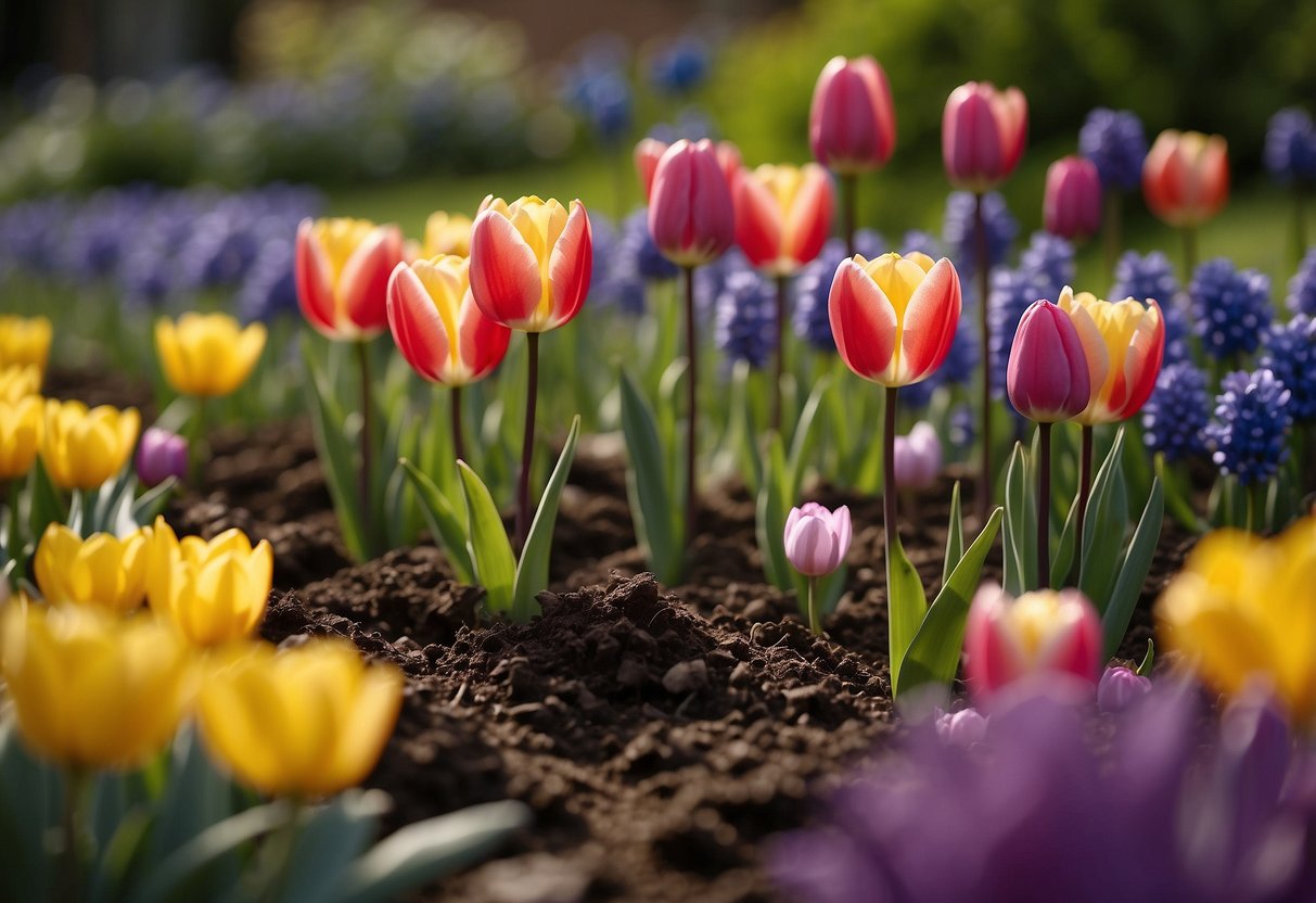 A colorful array of blooming bulb flowers fills a garden kit, with vibrant tulips, daffodils, and hyacinths sprouting from the soil