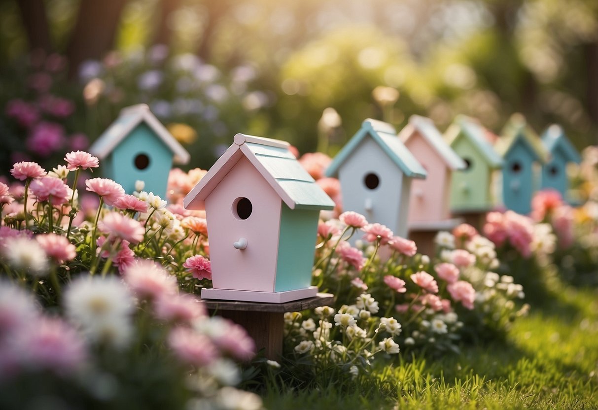 A row of pastel painted birdhouses nestled among blooming Easter flowers in a whimsical garden setting