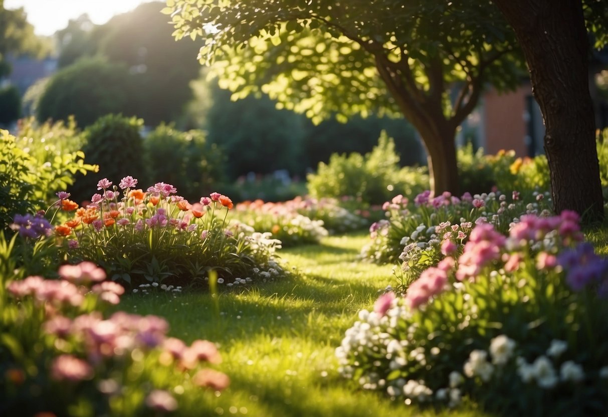 A colorful garden with hidden Easter eggs nestled among blooming flowers and lush greenery. Sunlight filters through the trees, casting dappled shadows on the ground