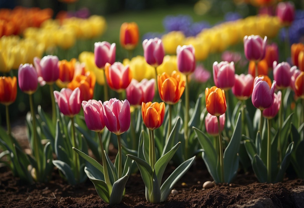 A vibrant display of tulips in an Easter garden, showcasing a variety of colors and shapes