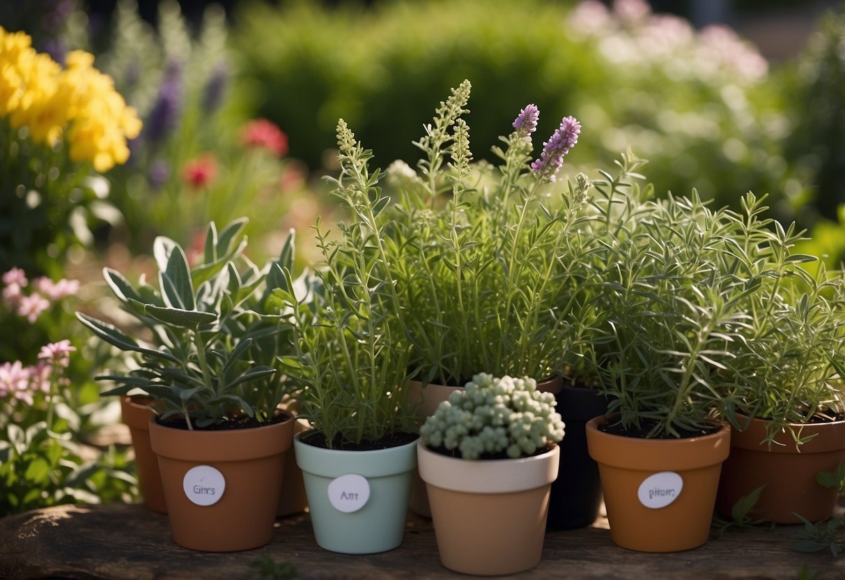 A variety of herbs arranged in a garden with colorful Easter labels