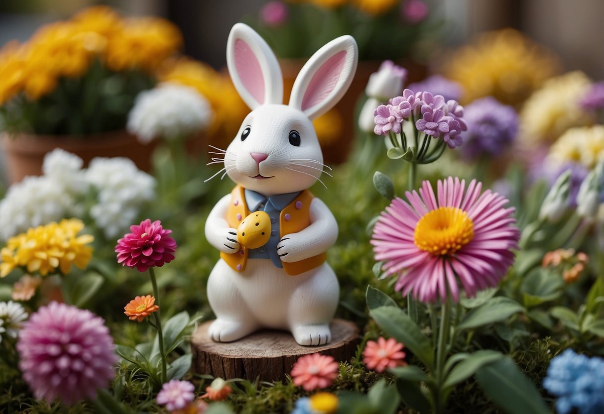 A wooden rabbit sits among colorful flowers in an Easter garden, surrounded by handcrafted decorations