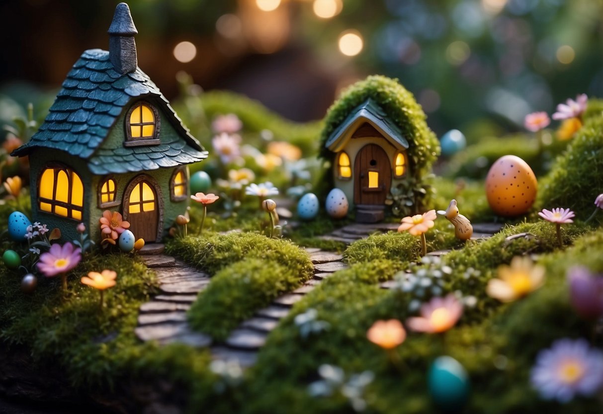 A whimsical fairy garden with colorful mini eggs scattered among the flowers and mossy paths. Twinkling lights and tiny fairy houses complete the enchanting scene