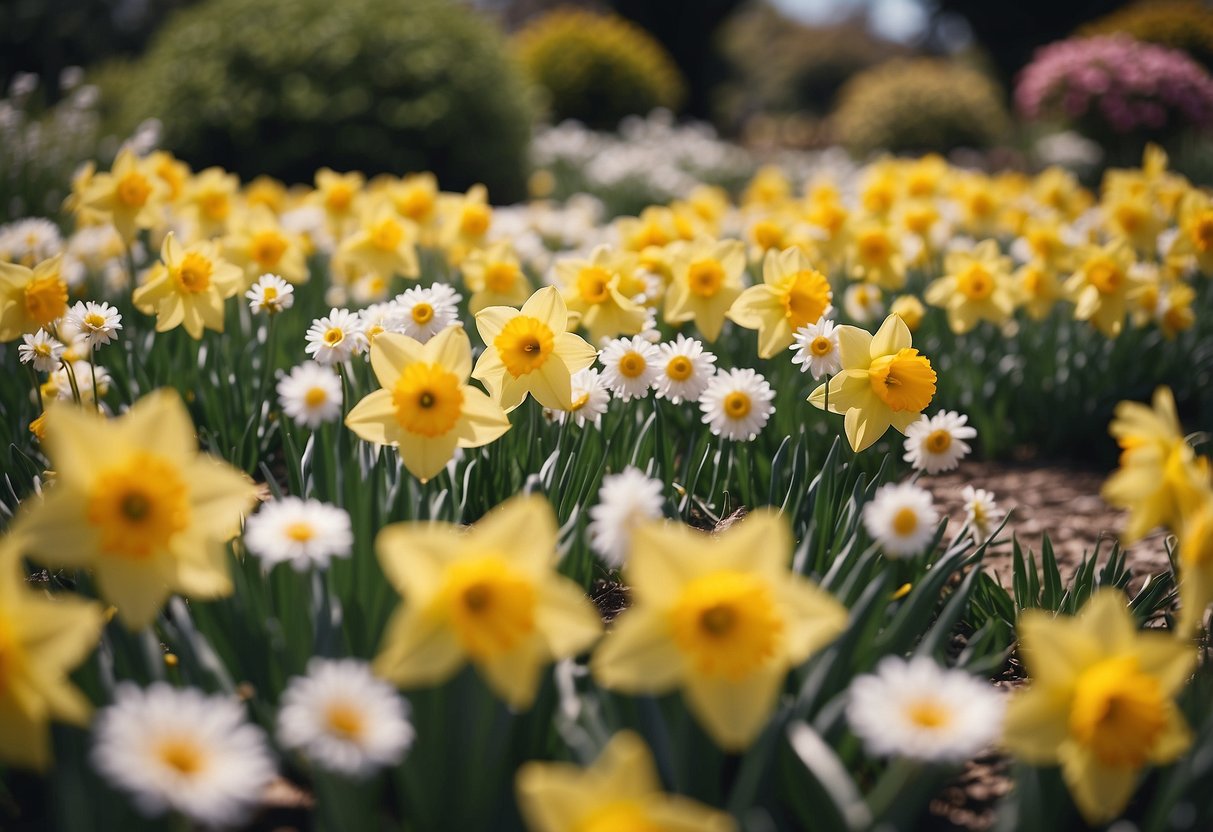 A vibrant garden with daffodil and daisy beds, surrounded by colorful Easter decorations and blooming spring flowers