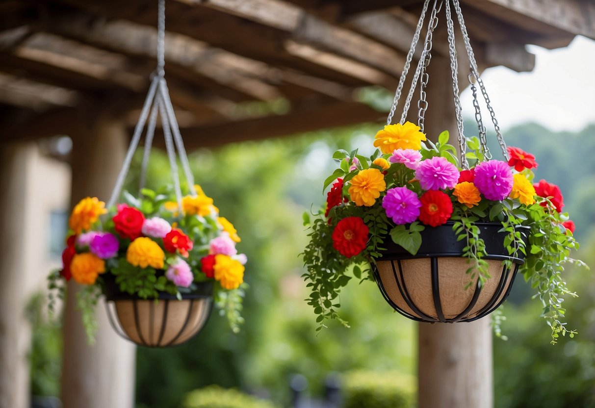 Three tiered hanging baskets filled with vibrant greenery and colorful flowers, suspended from a pergola in a lush garden setting