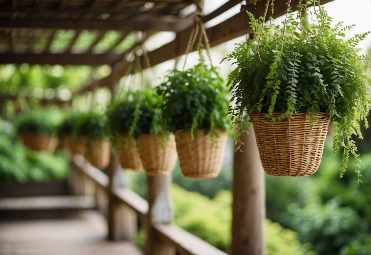 Lush green plants hang from woven baskets, suspended from a wooden pergola in a serene garden setting