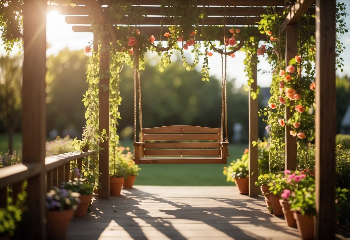 Wooden swing planters hang from a garden pergola, filled with vibrant flowers and trailing vines. Sunlight filters through the leaves, creating a peaceful and charming outdoor space