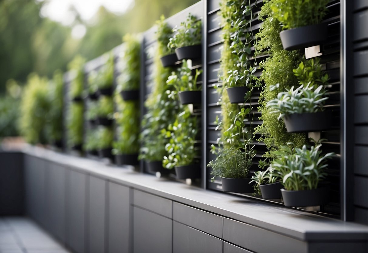 A modern, sleek vertical herb garden attached to the exterior of a new build. Lush green herbs cascade down the structure, with small pots and labels for each plant