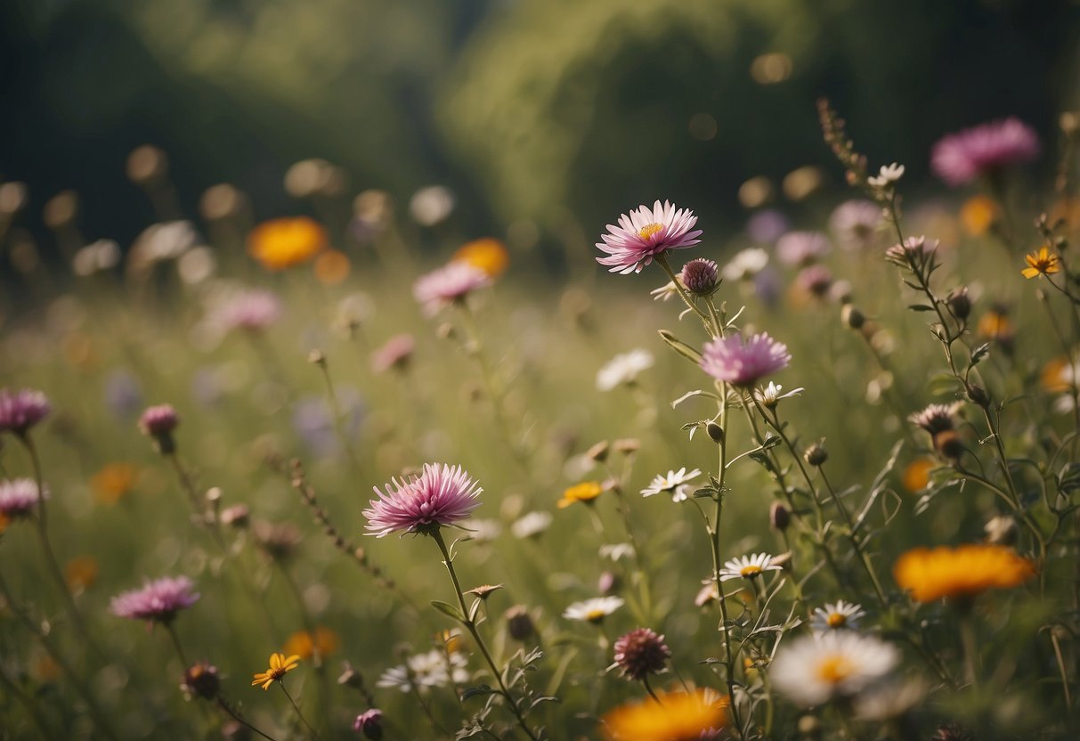 A colorful wildflower meadow blooms in a garden, surrounded by young trees and a winding path. Butterflies and bees flit among the flowers, while birds perch on the branches