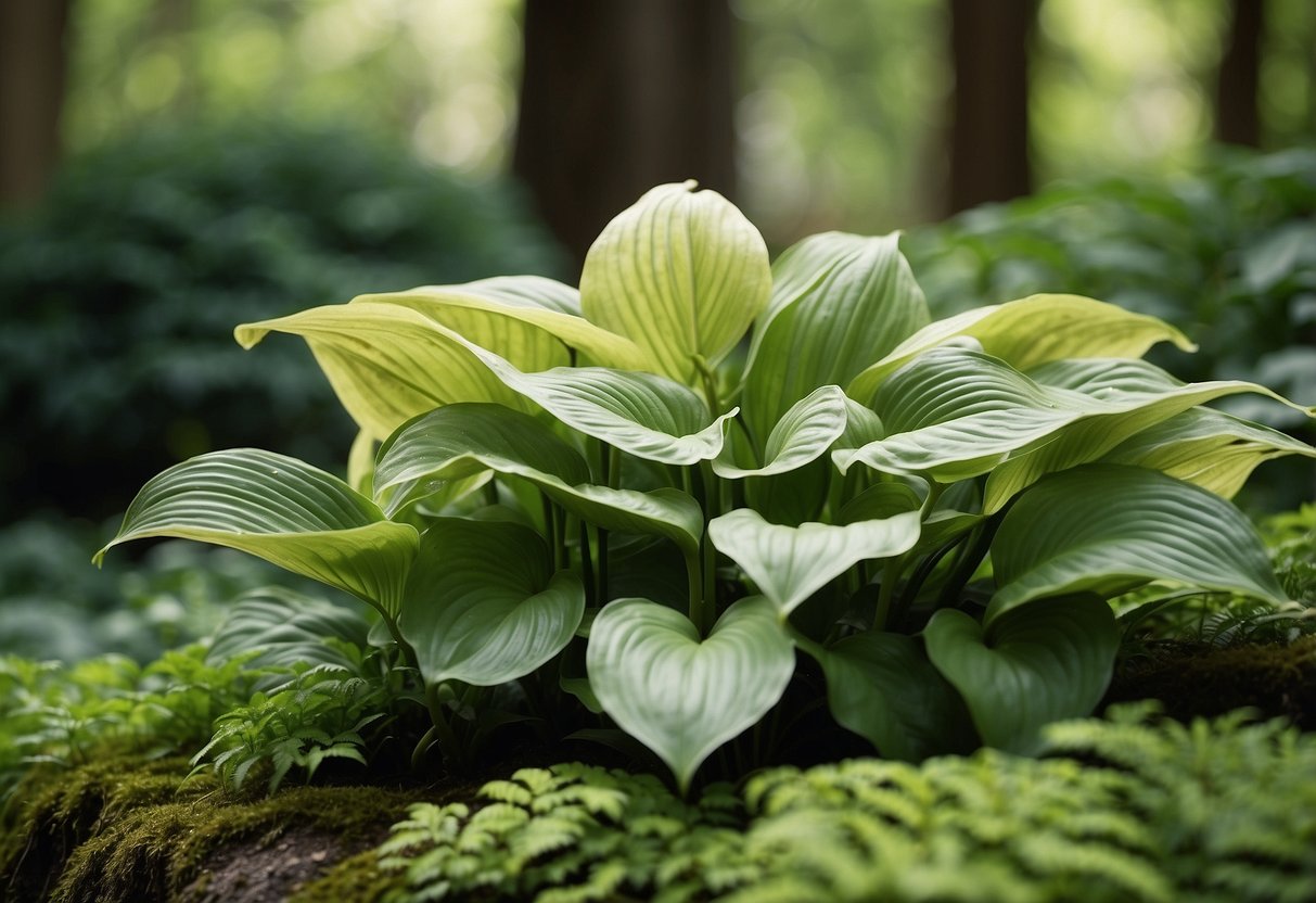 Lush green hosta 'Sum and Substance' thrives in a shaded garden corner, surrounded by ferns and moss-covered rocks