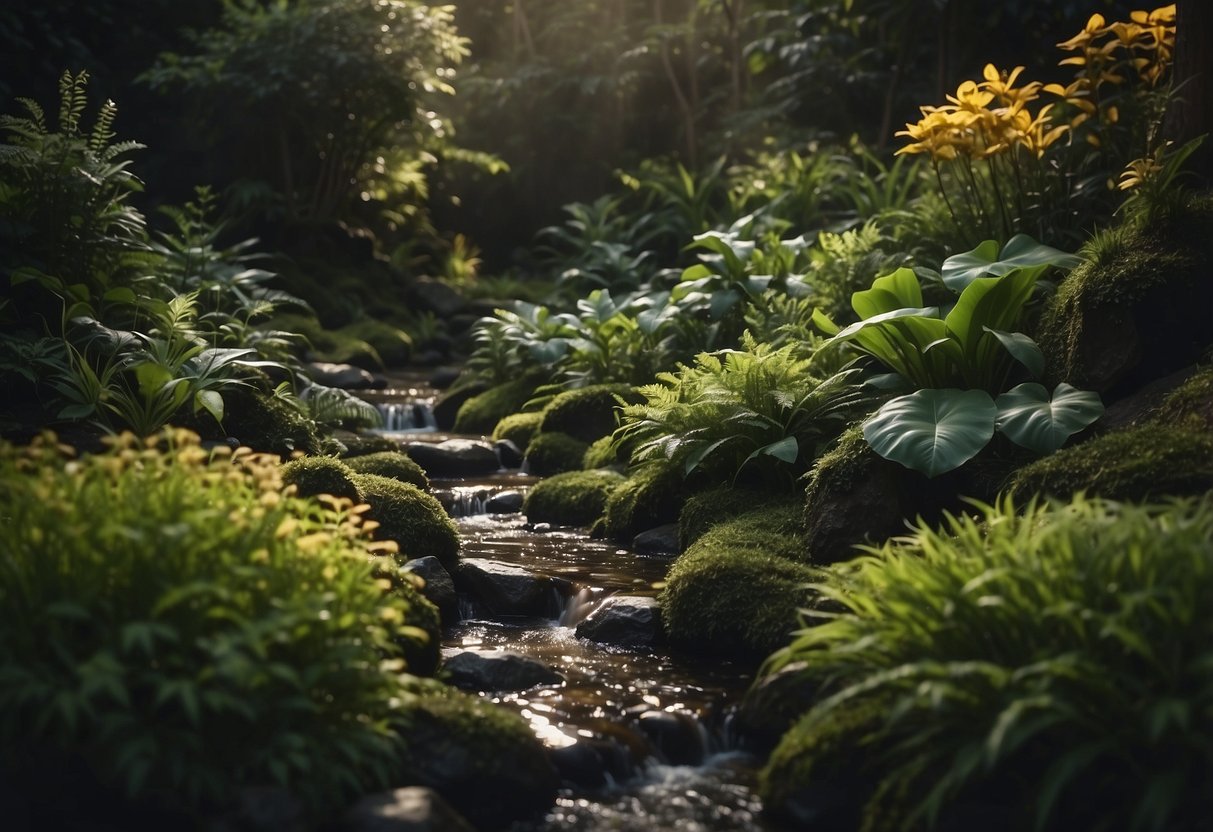 A lush garden with shade-loving plants, moss-covered rocks, and a trickling stream in a dimly lit corner