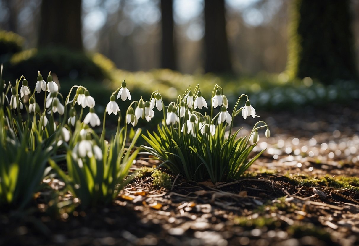 A secluded garden with snowdrops blooming in shadowed corners