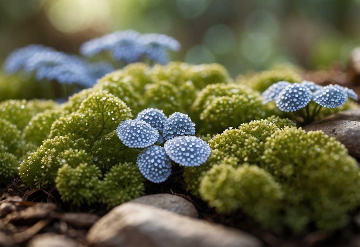 A shaded garden corner with Brunnera 'Jack Frost' plants, dappled sunlight, and moss-covered stones