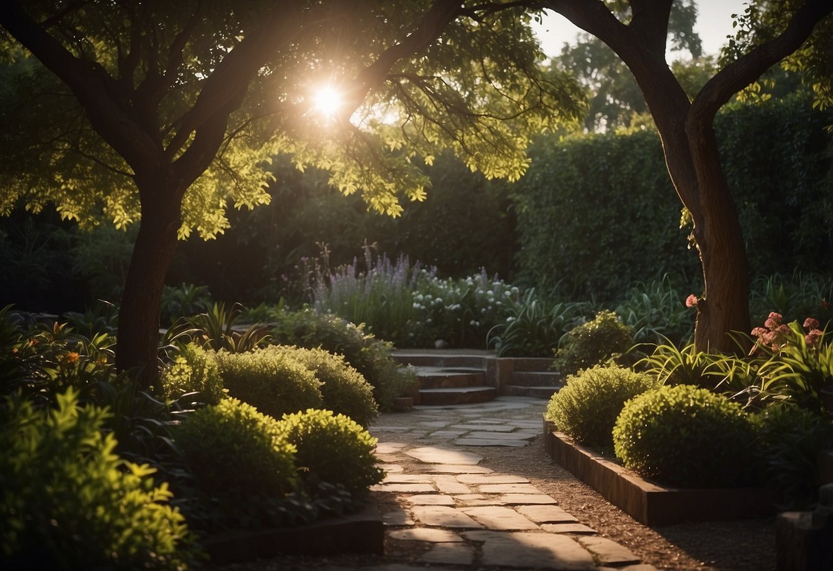 A dimly lit garden with shadows cast by overhanging trees. Soft, warm lighting illuminates a variety of shade-loving plants, creating a tranquil and inviting atmosphere