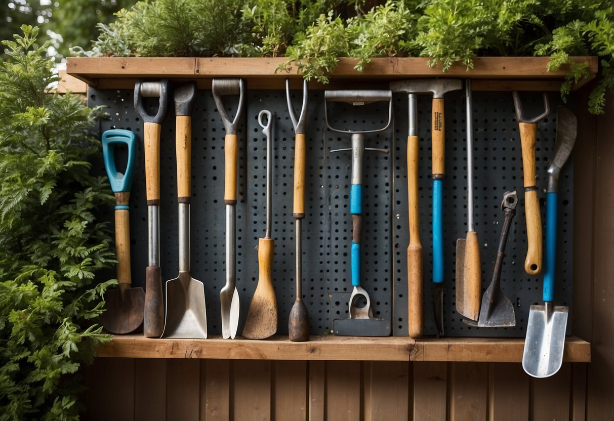 A pegboard organizer hangs on a garden shed wall, holding various tools such as shovels, rakes, and trowels. The tools are neatly arranged and easily accessible for use