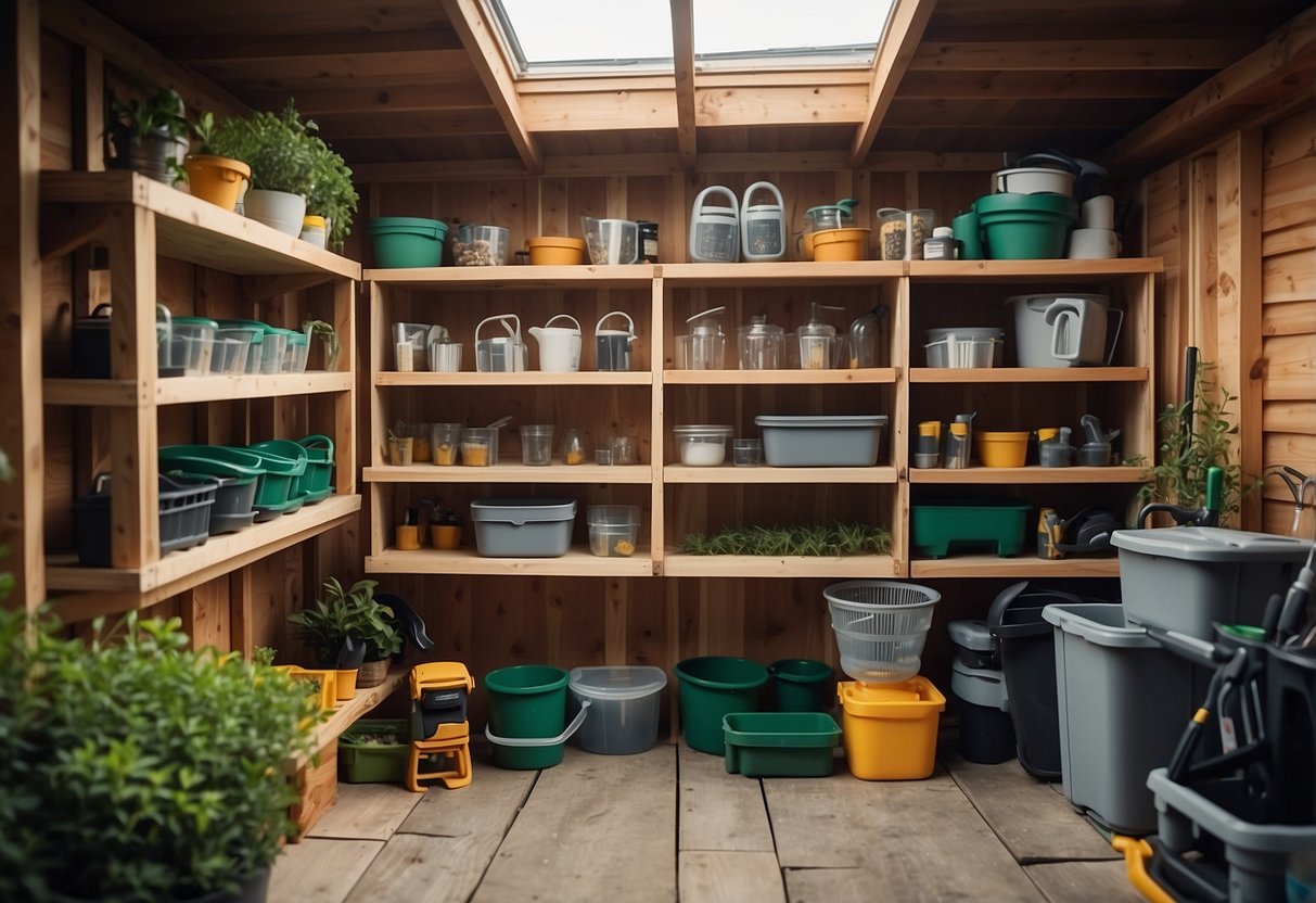 A set of foldable storage shelves holds various garden tools neatly organized in a backyard shed