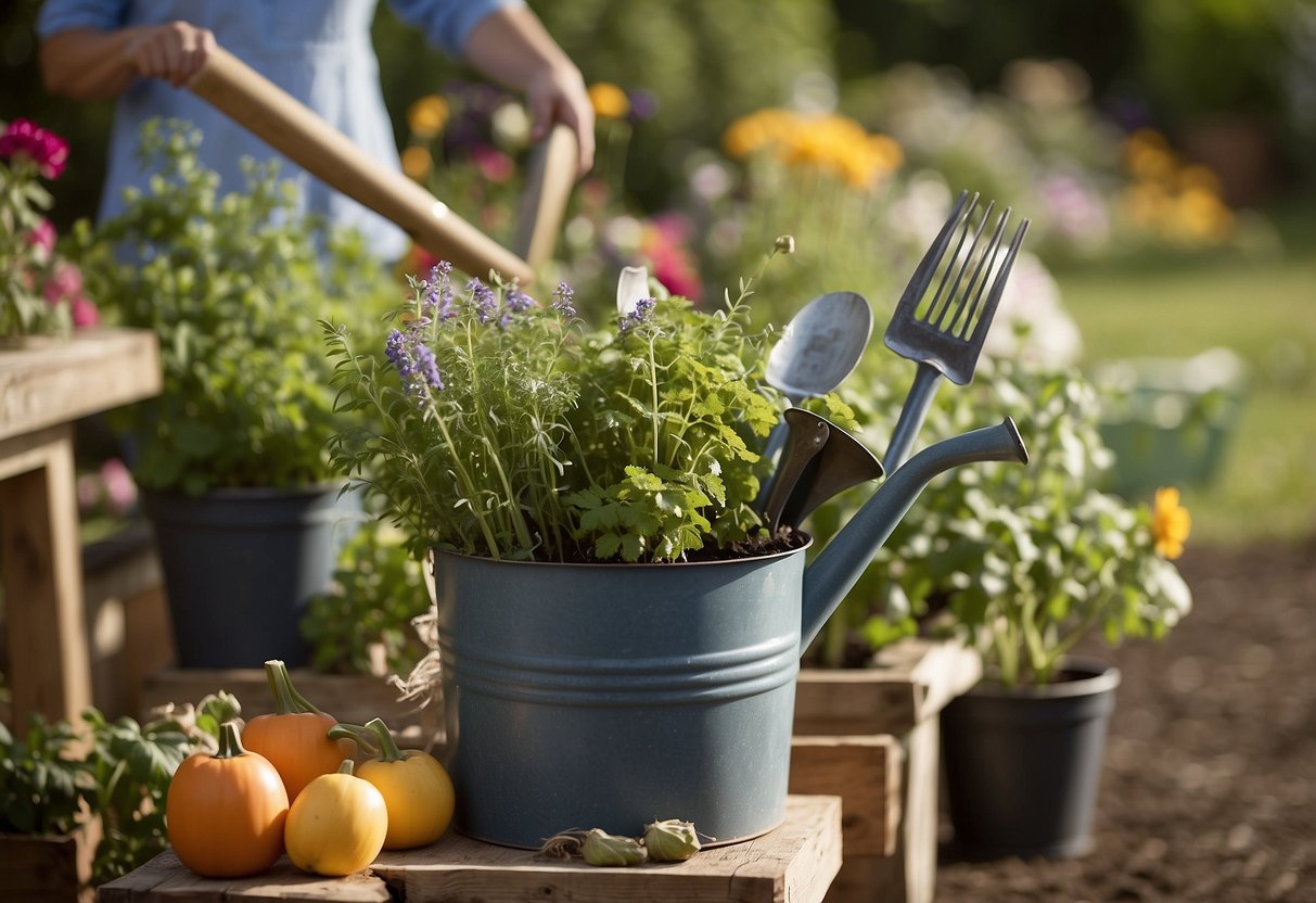 A garden apron hangs on a hook, pockets bulging with trowels, shears, and seed packets. A spade and watering can lean against a nearby wheelbarrow