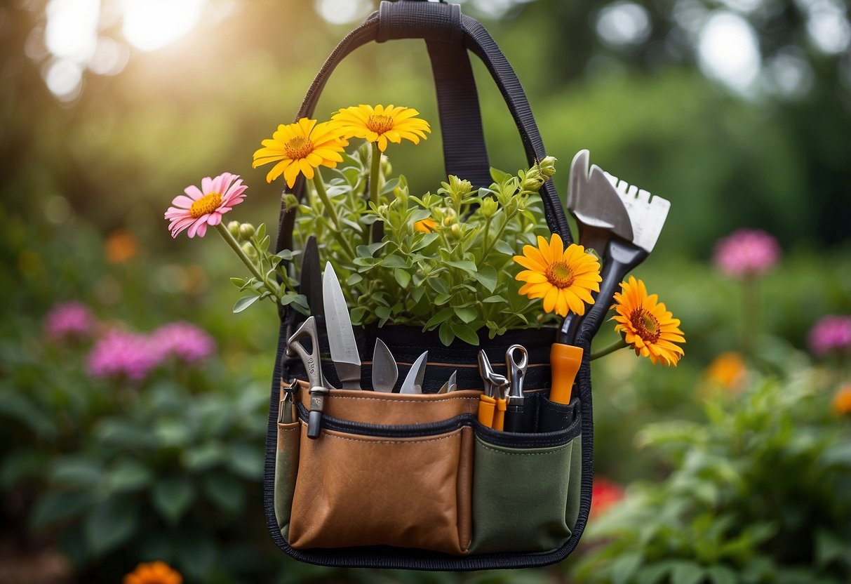 A tool pouch hangs from a sturdy hook, filled with gardening tools. The pouch is surrounded by lush greenery and colorful flowers