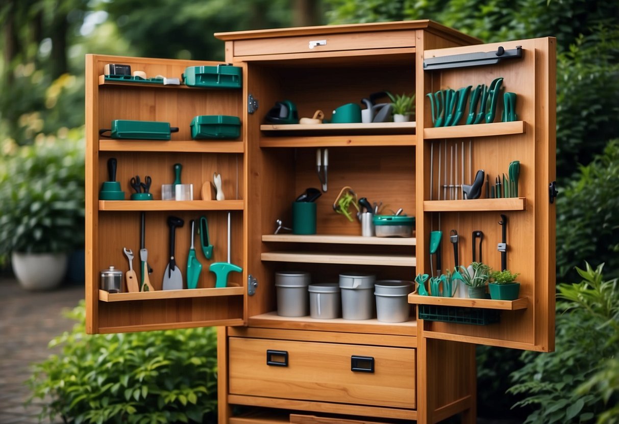 A wooden garden tool cabinet stands against a lush green backdrop, with neatly organized tools and shelves for storage