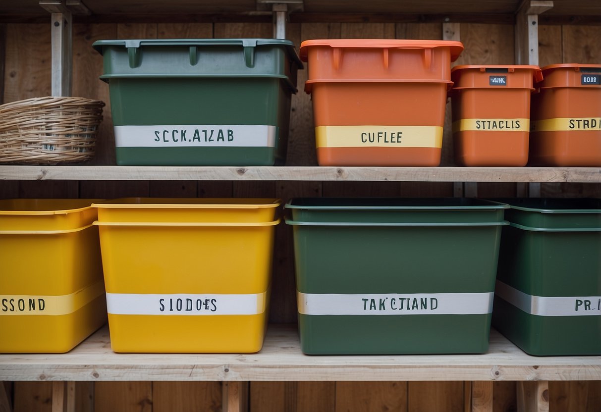 Stackable storage bins arranged neatly in a garden shed, holding various gardening tools and supplies. Labels on the bins indicate the contents, and the area is well-organized and clutter-free